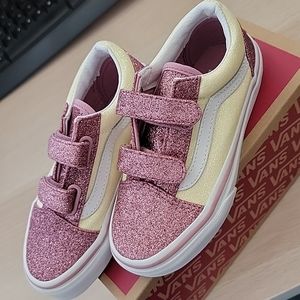 Girls Toddler Vans Old School Velcrow Glitter Pink & Cream New Never Worn